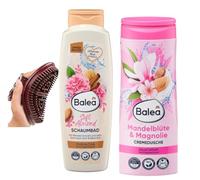 Balea - Set di 2 bagni in schiuma Soft Almond (750 ml) + crema doccia a mandorle e magnolia (300 ml) + spazzola massaggiante ipoallergenica Bonus per tutto il corpo