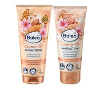 Balea - Set di 2 lozioni per il corpo, olio di mandorle, 200 ml + olio di crema per le mani, 100 ml + spugna in silicone bonus