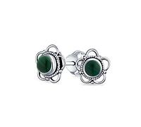 Bali Style Tiny Round Open Flower Forest Green Malachite Stone Orecchini per le donne ossidato .925 Sterling Silver