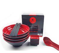 BALIBETOV Ciotole Giapponesi per Ramen Set - Include 4 Ciotola Ramen in Melamina, Bacchette, Cucchiai e Piccolo Piatti Giapponesi per Salsa - Ideale Per Zuppe Asiatica o Pho (Rosso, 4)