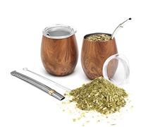 BALIBETOV Mate Argentino - Doppio Set Yerba Mate in Acciaio Inossidabile (5 pcs. Set) - Compreso 2 Tazza Mate, 2 Bombilla per Mate (Yerba Mate cannuccia) e Spazzola per la Pulizia (Legna)