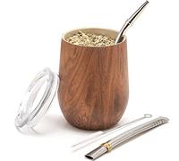 BALIBETOV Mate Argentino - Set Yerba Mate (Tazza Mate) - Acciaio Inossidabile 18/8 a Doppia Parete - Include Due Bombilla Mate e Una Spazzola per la Pulizia - Set Mate Argentino (LEGNA, 235 ml)
