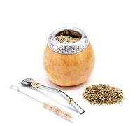 BALIBETOV Mate Argentino - Te Mate Kit di Zucca Naturale Fatto a Mano (Tazza Mate Originale) Compreso Bombilla Mate (Yerba Mate Bombilla) - Set Mate Argentino Autentico (Beige)