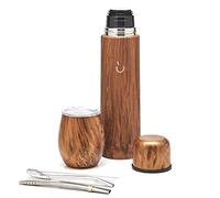 BALIBETOV Set Completo Yerba Mate - Zucca Mate Moderna, Thermos, Bombilla e Spazzola per la Pulizia Inclusi - Tutto in Acciaio Inossidabile 304 18/8 di Qualità Premium (Marmo d'oro) (Legno)
