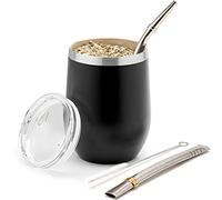BALIBETOV Yerba Mate Gourd - Set moderno con doppia parete in acciaio inox 18/8, contiene due bombillas e una spazzola per la pulizia (nero, 355 ml)