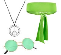 BALINCO Set 3 pezzi Hippie con fascia verde, collana con segno di pace e occhiali da sole rotondi in nichel verde