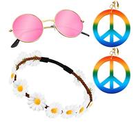 BALINCO Set Hippie 3 pezzi con fascia per capelli a fiori | Occhiali da sole rotondi in nichel con lenti rosa | Orecchini Rainbow Peace