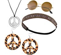 BALINCO Set Hippie 4 pezzi con fascia indiana | Occhiali da sole rotondi in nichel con lenti marroni | Collana Peace Silver | Orecchini Peace