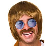 BALINCO Set hippie con parrucca + occhiali da sole rotondi con lenti blu + baffi in stile anni '60 e '70 per uomini e donne a Carnevale o ai festival