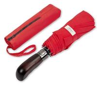 Balios - Ombrello da viaggio unisex con manico in vero legno, ad apertura e chiusura automatica; a prova di vento, a doppia cupola; progettato nel Regno Unito, Rosso vivace con manico in vero legno.