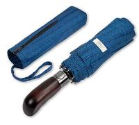 Balios - Ombrello da viaggio unisex con manico in vero legno, apertura e chiusura automatiche; giacca a vento a doppia cupola, progettato nel Regno Unito, Blu scuro, 100 cm (span)