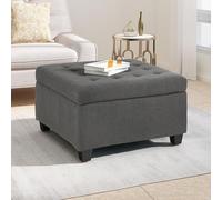 Ball & Cast Grande pouf quadrato, tavolino imbottito con bottoni, poggiapiedi in lino con gambe in legno per soggiorno, grigio scuro