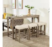 Ball & Cast Set da 4 pezzi tavolo da pranzo e sedie in legno da fattoria con porte USB, presa e 3 sgabelli imbottiti, bancone da 150 cm con sgabello, stazione