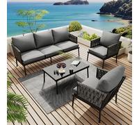 Ball & Cast Set di mobili da giardino da balcone con divano a 3 posti, 2 poltrone e tavolino in acciaio zincato, mobili da esterno con piano in vetro, grigio