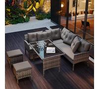 Ball & Cast Set di mobili da giardino in rattan, 5 pezzi, con cuscino rimovibile e lavabile, mobili da balcone con divano, tavolo e sgabello, per terrazza/giardino, grigio