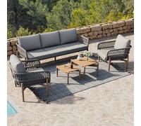 Ball & Cast Set di mobili da giardino in rattan, 5 pezzi mobili da balcone con corda intrecciata e 2 tavolini, 2 poltrone e cuscini per mobili lounge, mobili da giardino, grigio