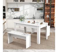 Ball & Cast Set di tavolo da pranzo con 2 panche, 108 cm di lunghezza, tavoli da cucina in marmo artificiale per piccoli spazi, set moderno in legno, angolo colazione compatto a 4 posti, bianco