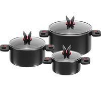 BALLARINI Set di 3 Pentole, 3 Pezzi, con 3 Coperchi, Rivestimento Antiaderente, Alluminio/Impugnature in Plastica, Click & Cook, Nero