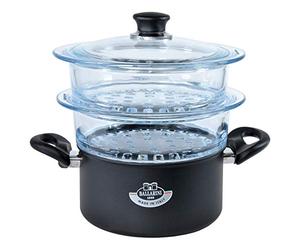 BALLARINI Set per Cottura a Vapore Cuocivapore, Casseruola con 2 Cestelli in Vetro forati e sovrapponibili, Diametro 20 cm, Con coperchio in vetro, Gli Speciali