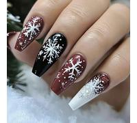 Ballerina Press On Nails Long Christmas Snowflake Design | Festive snowflake pattern, long ballerina shape, per instant salon look, holiday party ready, per trendy design