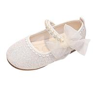 Ballerina Principessa Ragazza Glitter Scarpe da La_Tino Bambina Scarpette Danza Bambina Sandali Decorazione con Fiocco di Perle Fondo Piatto Scarpe con Gancio (White, 36 Big Kids)