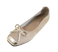 Ballerine da donna - Ballerine antiscivolo da esterno, punta quadrata, tinta unita, comode, piatte, eleganti ballerine casual con nodo a fiocco, Beige, 41 EU