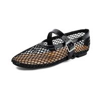 Ballerine da Donna in Rete,Scarpe Mary Jane con Punta Tonda e Cinturino a Rete con Fibbia,Ballerine comode e comode per Tutti i Giorni,Nero,38.5 EU