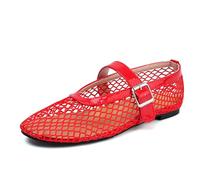 Ballerine da Donna in Rete,Scarpe Mary Jane con Punta Tonda e Cinturino a Rete con Fibbia,Ballerine comode e comode per Tutti i Giorni,Rosso,38 EU