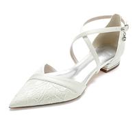 Ballerine da Sposa in Pizzo con Punta a Punta da Donna per la Sposa Ballerine a Punta Tacchi Bassi Scarpe con Cinturini Incrociati Scarpe da Ballo da Sera,Avorio,39 EU