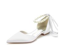 Ballerine da Sposa in Raso con Cinturino di Perle, Scarpe Matrimonio a Punta con Fiocco,Tacco Basso Eleganti,2.5cm