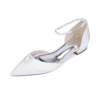 Ballerine da Sposa in Raso da Donna Punta A Punta Perle Cinturino alla Caviglia Scarpe Basse da Vestito Sera,Bianca,38 EU