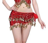 Ballo di Pancia Sciarpe Hip Skirt, Gonna con Cintura for l'anca con Sciarpa for la Danza del Ventre da Donna con Monete di Danza del Ventre Accessori for la Danza Avvolgente con Catena in Vita(Red)