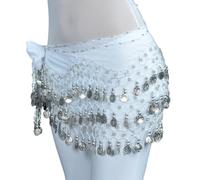 Ballo di Pancia Sciarpe Hip Skirt, Nuova catena in vita for danza del ventre 128 monete Tessuto chiffon Monete a tre strati Accessori for spettacoli di danza Sciarpa for danza del ventre(White silver)