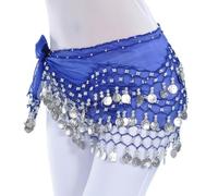 Ballo di Pancia Sciarpe Hip Skirt, Nuova Catena in Vita for Danza del Ventre 128 Monete Tessuto Chiffon Monete a Tre Strati Accessori for spettacoli di Danza Sciarpa for Danza del Ventre(Blue Silver)