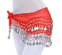 Ballo di Pancia Sciarpe Hip Skirt, Nuova Catena in Vita for Danza del Ventre 128 Monete Tessuto Chiffon Monete a Tre Strati Accessori for spettacoli di Danza Sciarpa for Danza del Ventre(Red Silver)