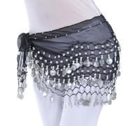 Ballo di Pancia Sciarpe Hip Skirt, Nuova catena in vita for danza del ventre 128 monete Tessuto chiffon Monete a tre strati Accessori for spettacoli di danza Sciarpa for danza del ventre(Black silver)