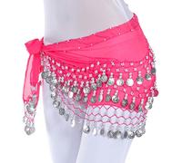 Ballo di Pancia Sciarpe Hip Skirt, Nuova catena in vita for danza del ventre 128 monete Tessuto chiffon Monete a tre strati Accessori for spettacoli di danza Sciarpa for danza del ventre(Rose red silv