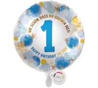 balloa Palloncino a forma di numero 1, per il compleanno dei bambini, 33 cm | Numero 1 blu con scritta "Wie schön, dass du geboren bist", forma rotonda, adatta per elio, vuote, decorazione di compleanno