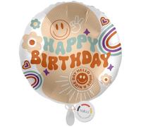 balloa Palloncino Happy Birthday con arcobaleno e sorrisi, 33 cm | Palloncino rotondo per compleanno in stile retrò, beige, menta e arancione, con fiori e cuori, adatto per elio, vuoto