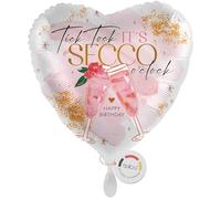 balloa Palloncino Secco oclock a forma di cuore, palloncino a elio, regalo per compleanno, decorazione Happy Birthday, bicchieri rosa oro glitterati, Cheers Prosecco, occasione per feste di compleanno