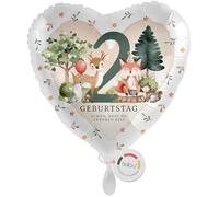 balloa Palloncino XXL 2 anni a forma di cuore, motivo: animali della foresta con volpe, cervo, riccio, regalo per la seconda festa dei bambini, elio, motto naturale, decorazione per feste di animali