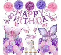 Balloon Decorazioni di compleanno di Farfalla per Ragazze, Rosa Viola Decorazione per Feste di Compleanno di Farfalla Palloncini Decorazioni con Vortici Appesi a Forma di Farfalla per Donne e Ragazze