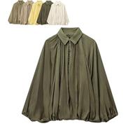 Balloon Sleeve Jacket For Women, Womens Puffed Bomber Jacket, Batwing Sleeve Front Zip Lapel Collar Shirts Oversized (Green-B,S)