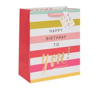 Ballyhoo Grande sacchetto regalo con scritta "Happy Birthday to You", 31,5 x 26 x 13,5 cm, a righe rosa