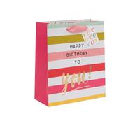Ballyhoo Sacchetto regalo di compleanno medio Happy Birthday to You, strisce rosa, 25,3 x 21,5 x 10,2 mm