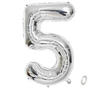 Balorise 40 Pollici Foil Palloncino Argento Numero 5, Gonfiabili Elio, Grande Numeri 0-9, 10-100 (101cm), Decorazione di Alluminio Palloncini per Festa di Compleanno Anniversario
