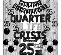 Balterever Decorazioni per 25° compleanno argento e nero Quarter Life Crisis Balloon Banner Decorazione Happy 25th Birthday Decor con Happy Birthday Banner Fringe Tenda Topper per torta da appendere a