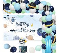 Balterever First Trip Around The Sun Decorazioni di compleanno per ragazzi Spazio esterno Palloncino Garland Kit Blu con Primo viaggio intorno al sole sfondo e topper per torta per Space Galaxy