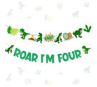 Balterever Ghirlanda di striscioni per il 4° compleanno di dinosauri, decorazione per feste a tema uovo di dinosauro verde e dinosauro - Sfondo di compleanno riutilizzabile di alta qualità per bambini