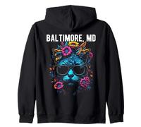 Baltimore Maryland Cat Indossa Occhiali da Sole e Fiori Design Felpa con Cappuccio